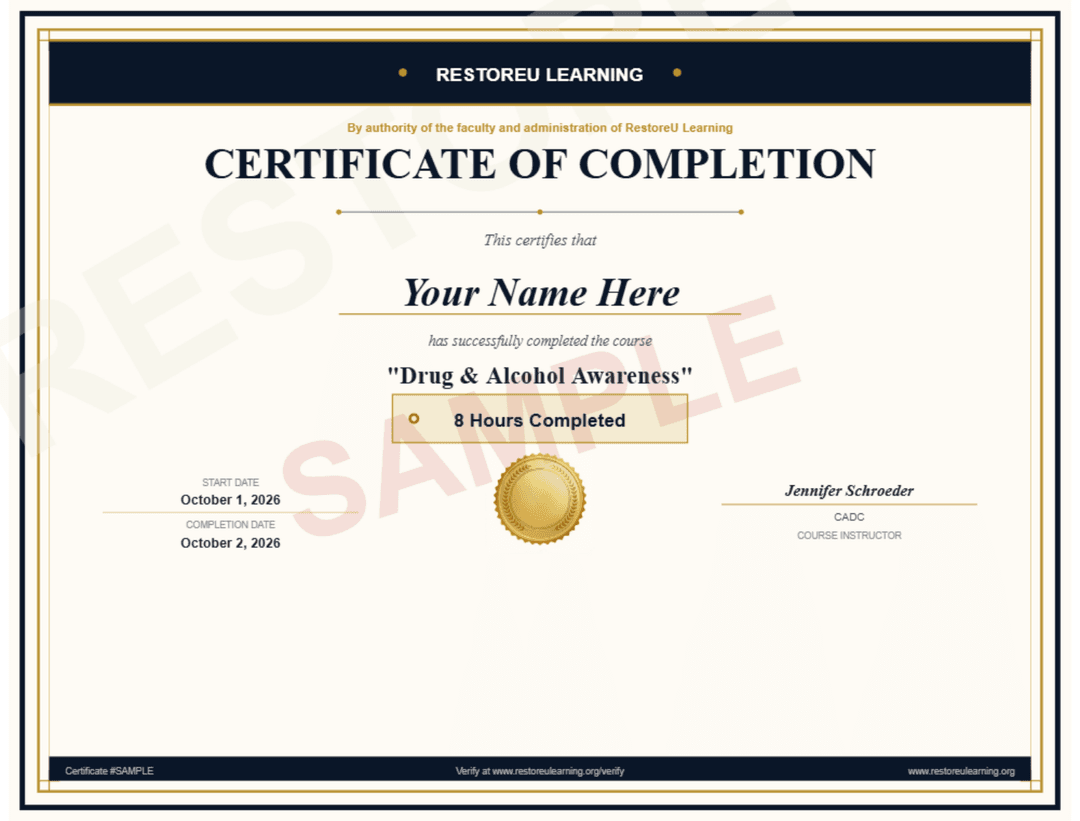 Sample Drug & Alcohol Awareness Certificate of Completion